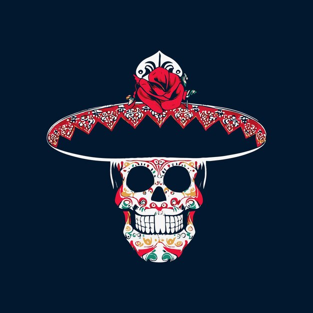 Vector a skull with a red flower on it is wearing a sombrero.