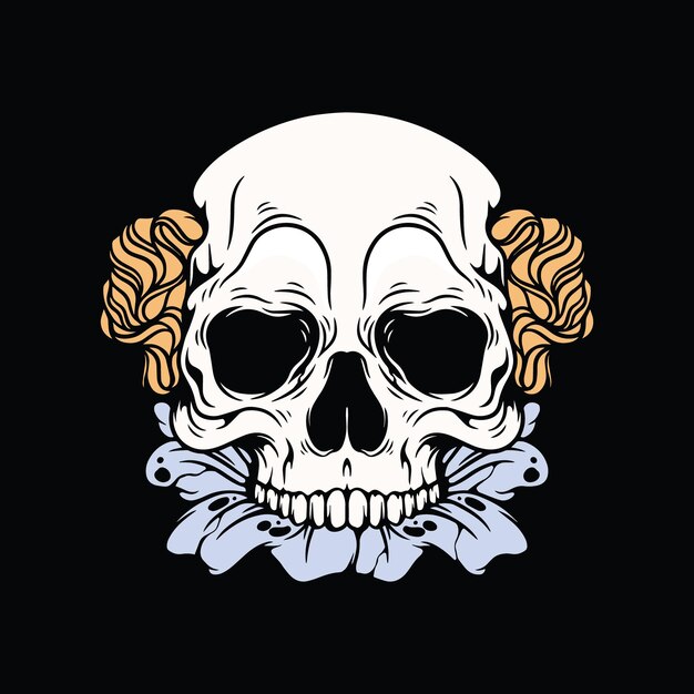 A skull with a ribbon in the middle and a flower in the middle.