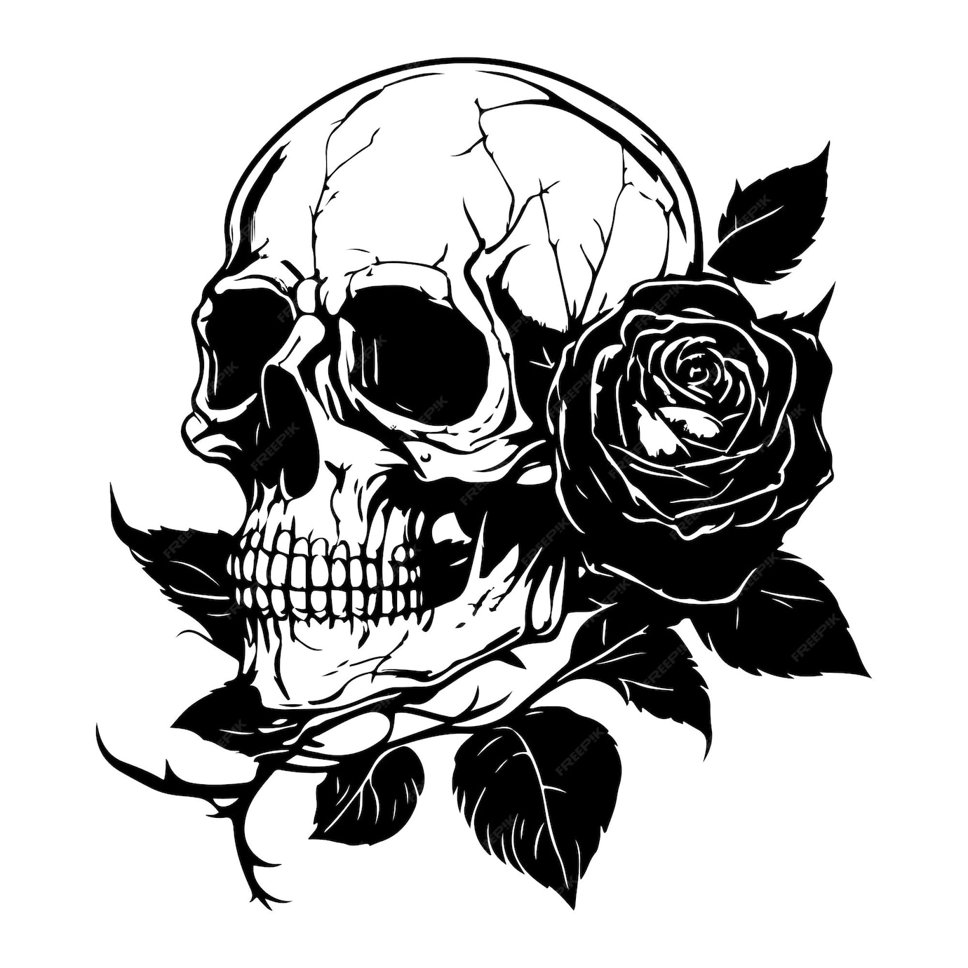 Premium Vector Skull with rose flower black outline vector. human