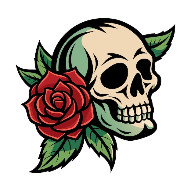 Skull with rose flower logo illustration