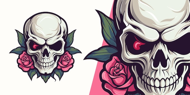 Skull with roses mascot grafico vettoriale accattivante per squadre di giochi sportivi ed esport