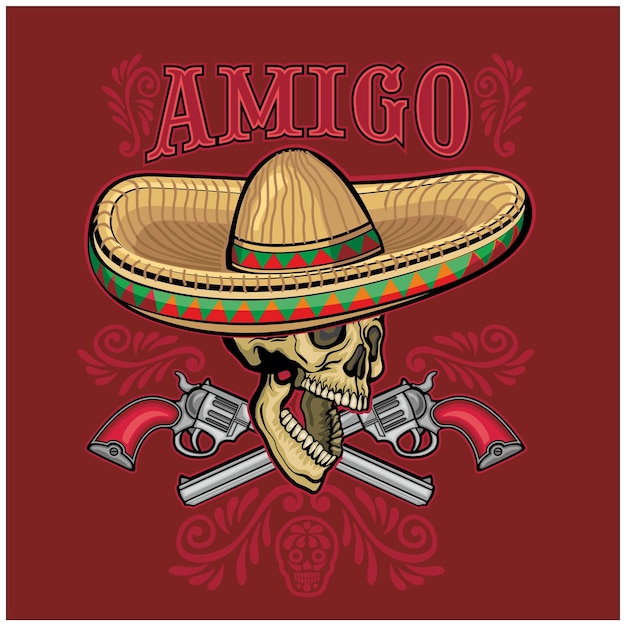 A skull with a sombrero and a mexican hat.