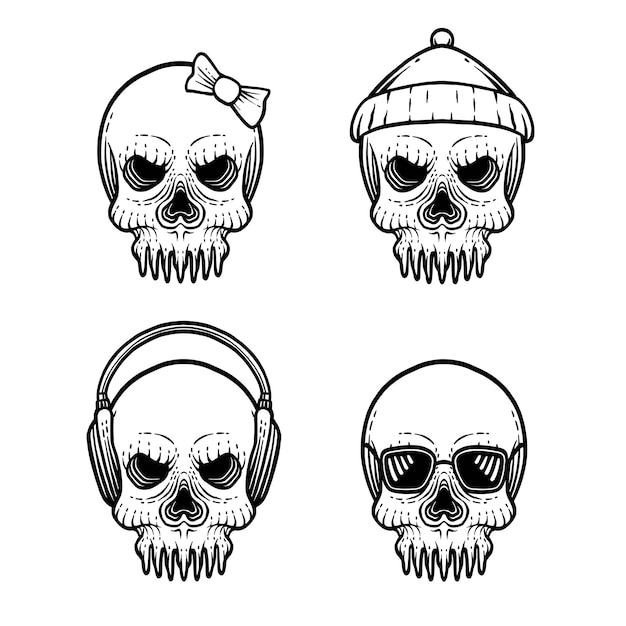 Skull with some accessories vector drawn in engraving style