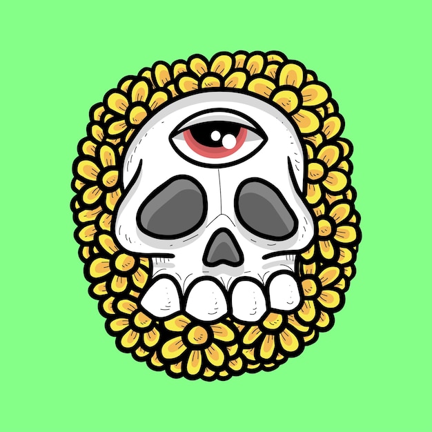 SKULL WITH THREE EYE AND FLOWER BLOOM