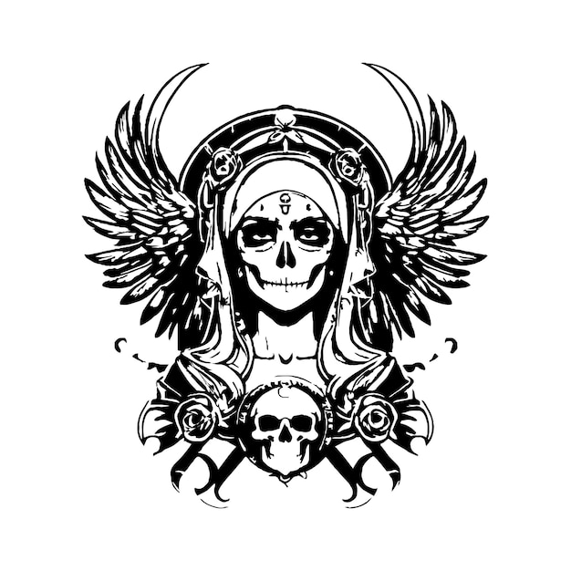 翼とバラの頭蓋骨の女性 タトゥーデザイン