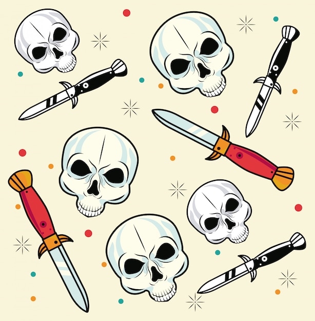 Vector skulls and daggers tattoo pattern