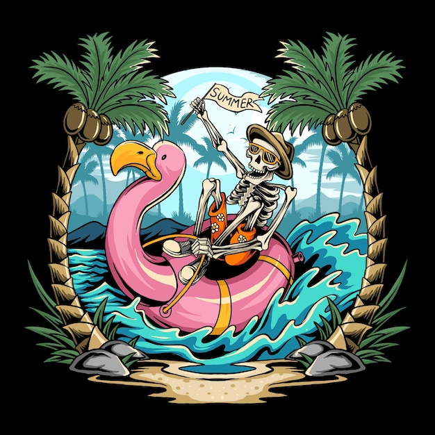 Skulls on flamingos floats on the beach during summer parties filled with coconut trees