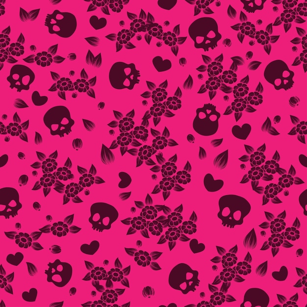 Skulls and hearts pink seamless pattern