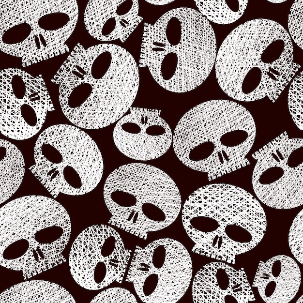 Skulls seamless pattern, horror and hard rock theme repeating background, vector, hand drawn lines textures used.