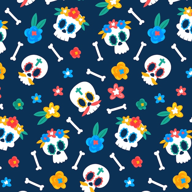 Vector skulls with flowers day of the dead pattern template