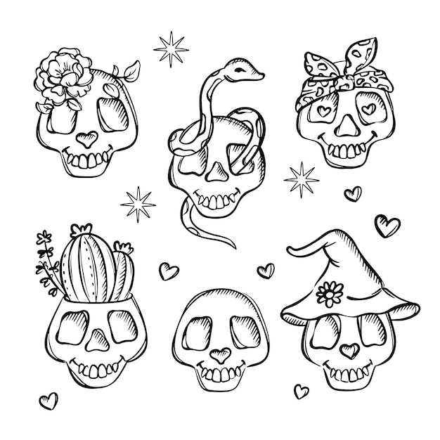 Vettore skulls con fiori e cuori cartoon halloween collection
