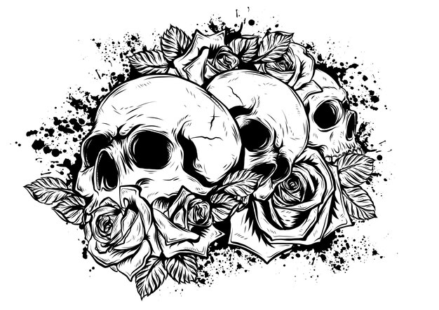 Vector skulls with roses on white background