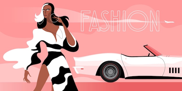 Skunk Hair fashion model meisje in een zwart-witte jurk voor een klassieke auto uit de jaren zestig