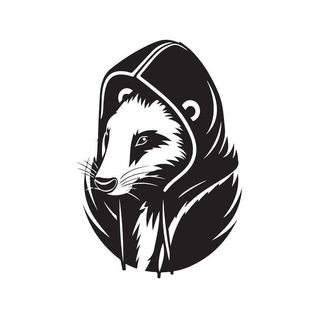 Skunk wearing hoodie vintage logo line art concept black and white color hand drawn illustration