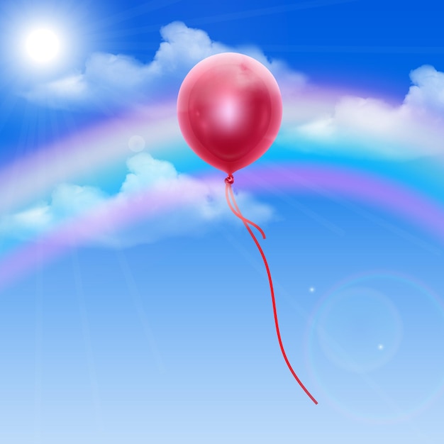 Sky background with red balloon, editable illustration in realistic style