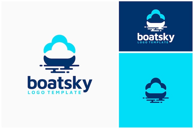 Vector sky cloud with boat ship on river lake ocean sea water for adventure travel sailing transport logo