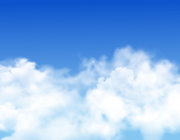 Sky clouds or fog background. blue heaven with white mist, steam or fluffy clouds, sunny and cloudy weather, haze or white smoke in blue sky realistic vector backdrop or wallpaper