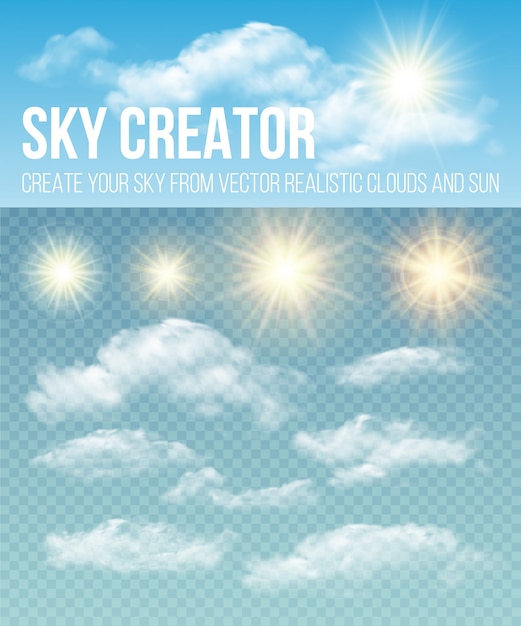 Vettore creatore del cielo. impostare realistici nuvole e sole.