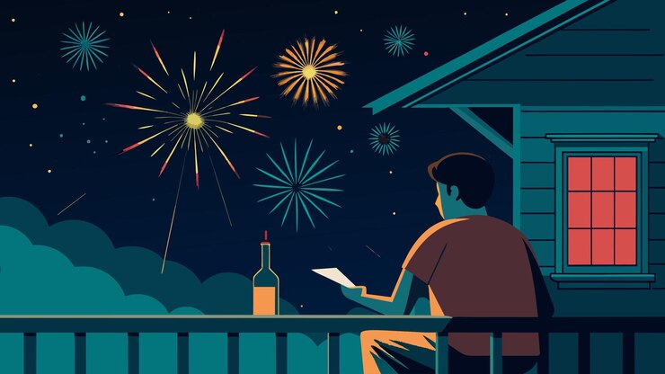 Vector the sky dims as the last fireworks of the season flicker and fade away and a student lingers on