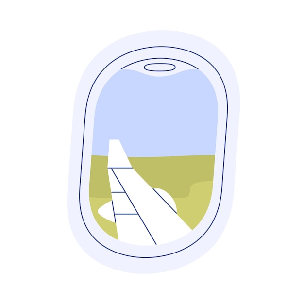 Небо, вид на землю через окно самолета. Летний пейзаж в иллюминаторе самолета. Крыло самолета, дневная сцена снаружи авиалайнера во время полета, посадка. Плоская векторная иллюстрация на белом фоне