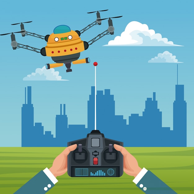 Sky landscape with buildings scene and people handle remote control with big robot drone 