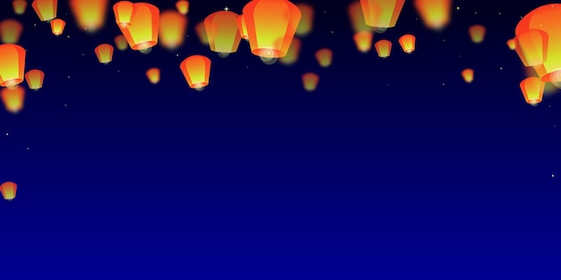 Vector sky lanterns floating in the night sky