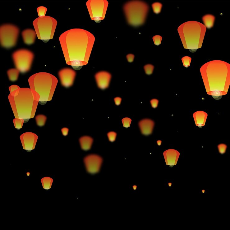 Vector sky lanterns floating in the night sky