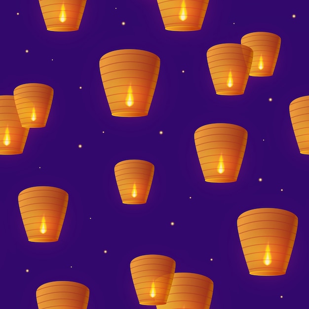 Sky paper lanterns in night starry sky seamless pattern