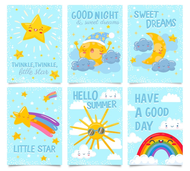 하늘 포스터. 반짝 반짝 작은 별, 좋은 밤, 달콤한 꿈 카드. 만화 그림을 설정합니다.