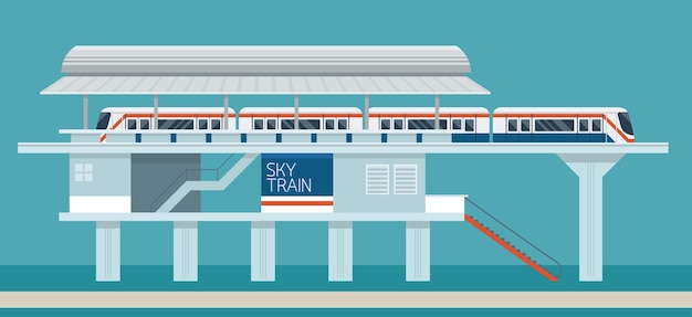 Vector sky train station flat design illustration background