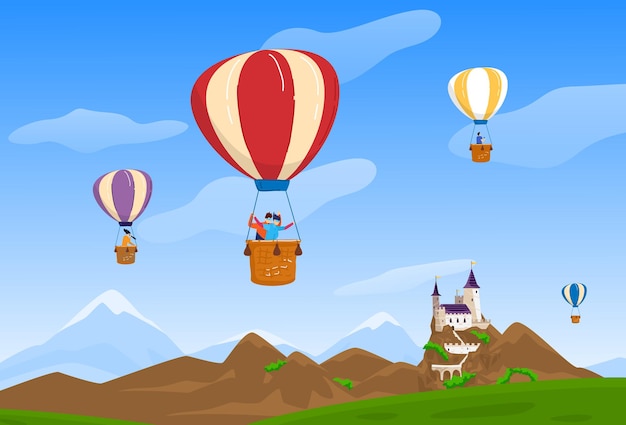 Sky travel vector illustration people man woman character at air balloon travel happy couple fly near castle nature landscape