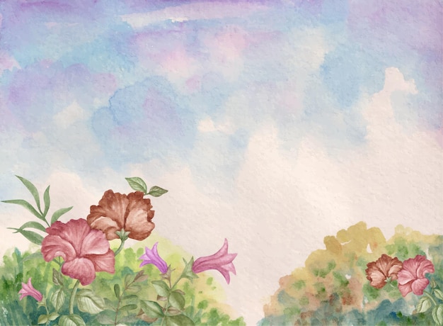 Sky view watercolor landscape background with flowers