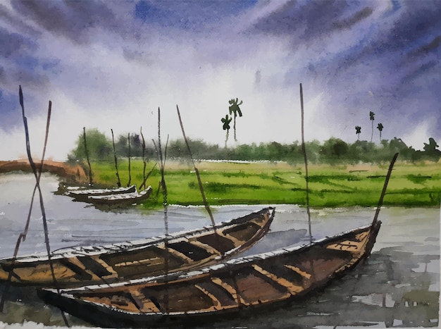 Illustrazione della barca della pittura dell'acquerello di vista del cielo sull'illustrazione del fiume