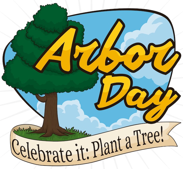 アーバーデー祝賀の際に木の植え付けを促進する高い木とリボンの空の景色