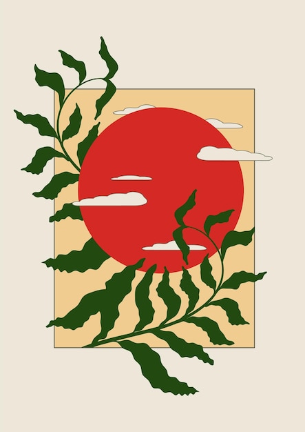 Vettore cielo con nuvole e sole rosso illustrazione poster minimalista arte vettoriale moderna della metà del secolo