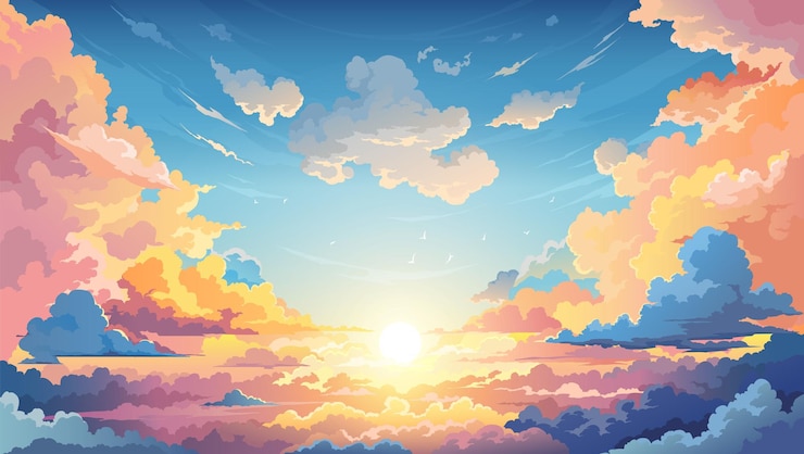 Vector sky zonsondergang anime achtergrond met wolken aan de horizon