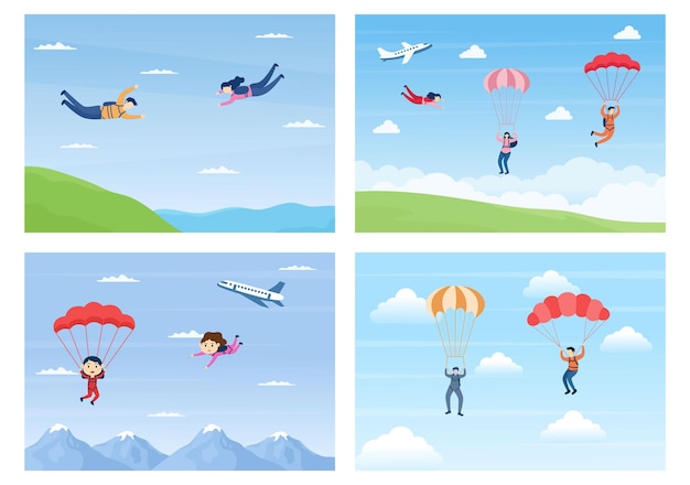 Skydive Sport of Outdoor Activity Recreation Using Parachute and High Jump in Sky Air Vector