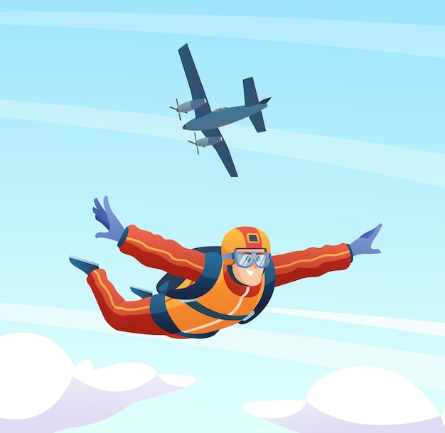 Skydiver jumps from the plane and skydiving in the sky illustration