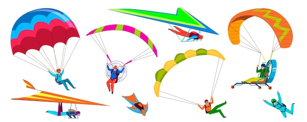 Vector skydiving adventure people jump with parachute in sky