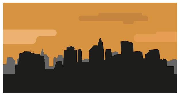 Подсветка силуэта горизонта города с оранжевым небом за векторной иллюстрацией