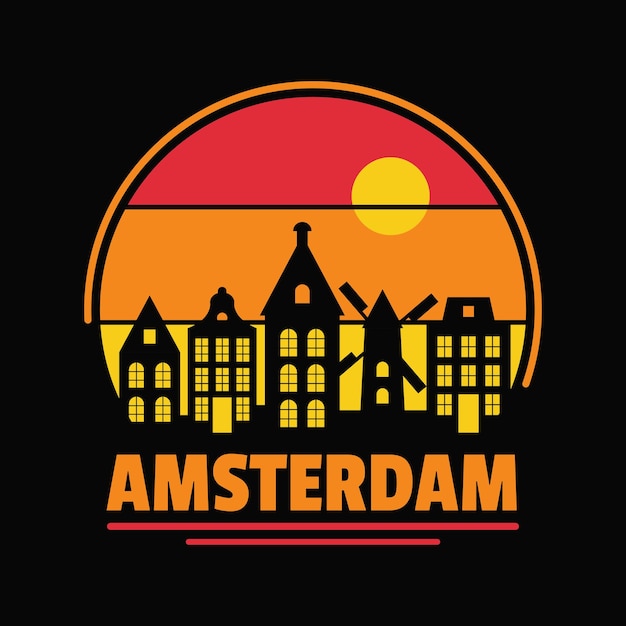 Skyline silhouette emblem of Amsterdam city. 