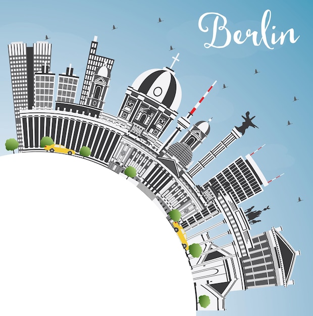 Skyline van de stad Berlijn Duitsland met grijze gebouwen, blauwe lucht en kopie ruimte. Vectorillustratie. Zakelijk reizen en toerisme Concept met historische architectuur. Berlijn stadsgezicht met monumenten.