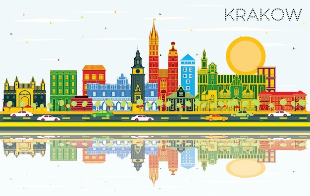 Skyline van de stad Krakau Polen met kleur gebouwen blauwe lucht en reflecties