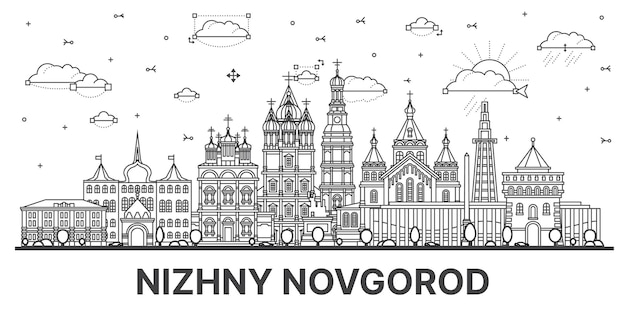 Vector skyline van de stad nizhny novgorod rusland met moderne en historische gebouwen geïsoleerd op het witte stadslandschap van nizhnynovgorod met bezienswaardigheden