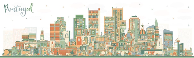 Vector skyline van de stad portugal met kleurgebouwen vector illustratie concept met moderne en historische architectuur portugal cityscape met bezienswaardigheden porto en lissabon