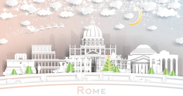 Skyline van de stad Rome Italië in papier gesneden stijl met sneeuwvlokken maan en neon slinger