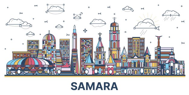 Skyline van de stad Samara Rusland met gekleurde moderne en historische gebouwen geïsoleerd op wit Samara stadsbeeld met bezienswaardigheden