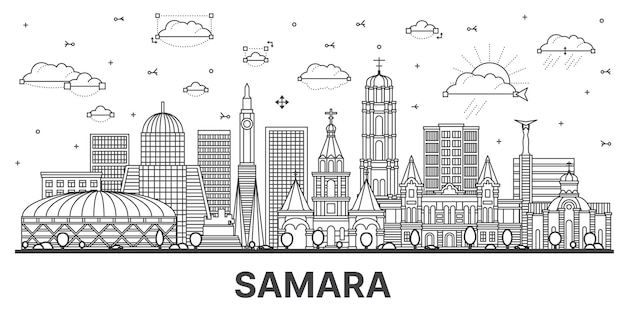 Vector skyline van de stad samara rusland met moderne en historische gebouwen geïsoleerd op wit samara stadsbeeld met bezienswaardigheden