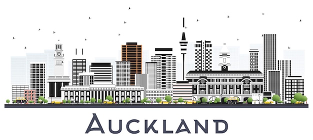 Skyline van de stad van auckland, nieuw-zeeland met grijze gebouwen geïsoleerd op wit vector illustratie business travel en toerisme concept met moderne gebouwen auckland cityscape met monumenten