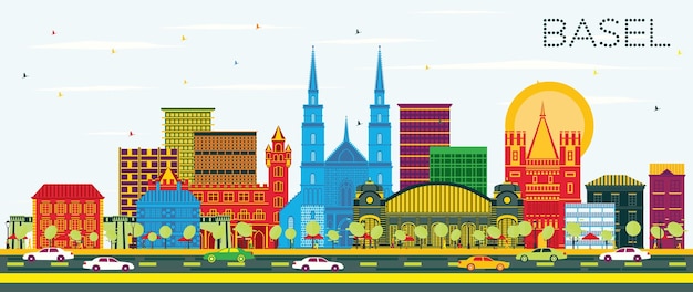 Skyline van de stad van basel, zwitserland met gekleurde gebouwen en blauwe hemel vectorillustratie business travel en toerisme concept met historische architectuur basel cityscape met monumenten